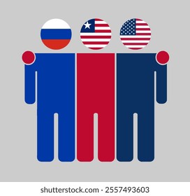 Flat illustration of three human figures with Russia, Liberia, and USA flags as heads. Minimalistic design, isolated background.