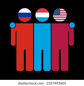 Flat illustration of three human figures with Russia, Luxembourg, and USA flags as heads. Minimalistic design, isolated background.