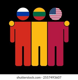 Flat illustration of three human figures with Russia, Lithuania, and USA flags as heads. Minimalistic design, isolated background.