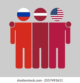 Flat illustration of three human figures with Russia, Latvia, and USA flags as heads. Minimalistic design, isolated background.