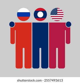 Flat illustration of three human figures with Russia, Laos, and USA flags as heads. Minimalistic design, isolated background.