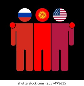 Flat illustration of three human figures with Russia, Kyrgyzstan, and USA flags as heads. Minimalistic design, isolated background.