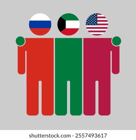 Flat illustration of three human figures with Russia, Kuwait, and USA flags as heads. Minimalistic design, isolated background.