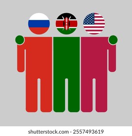 Flat illustration of three human figures with Russia, Kenya, and USA flags as heads. Minimalistic design, isolated background.