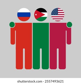 Flat illustration of three human figures with Russia, Jordan, and USA flags as heads. Minimalistic design, isolated background.