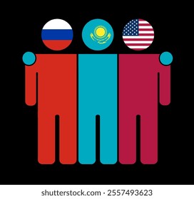 Flat illustration of three human figures with Russia, Kazakhstan, and USA flags as heads. Minimalistic design, isolated background.