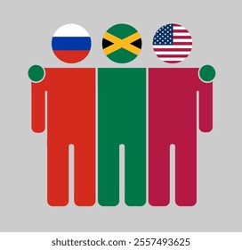 Flat illustration of three human figures with Russia, Jamaica, and USA flags as heads. Minimalistic design, isolated background.