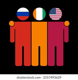 Flat illustration of three human figures with Russia, Ivory Coast, and USA flags as heads. Minimalistic design, isolated background.