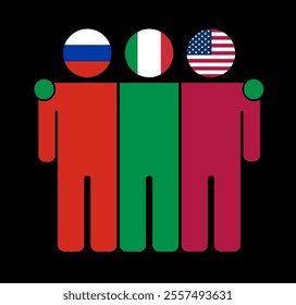 Flat illustration of three human figures with Russia, Italy, and USA flags as heads. Minimalistic design, isolated background.