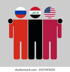 Flat illustration of three human figures with Russia, Iraq, and USA flags as heads. Minimalistic design, isolated background.