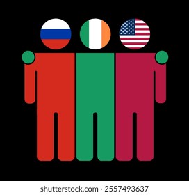 Flat illustration of three human figures with Russia, Ireland, and USA flags as heads. Minimalistic design, isolated background.