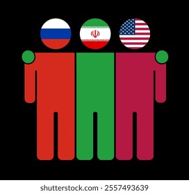 Flat illustration of three human figures with Russia, Iran, and USA flags as heads. Minimalistic design, isolated background.