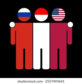 Flat illustration of three human figures with Russia, Indonesia, and USA flags as heads. Minimalistic design, isolated background.