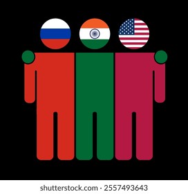 Flat illustration of three human figures with Russia, India, and USA flags as heads. Minimalistic design, isolated background.