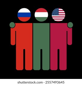 Flat illustration of three human figures with Russia, Hungary, and USA flags as heads. Minimalistic design, isolated background.