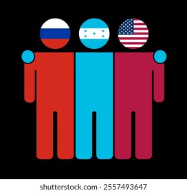 Flat illustration of three human figures with Russia, Honduras, and USA flags as heads. Minimalistic design, isolated background.