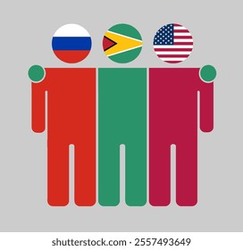 Flat illustration of three human figures with Russia, Guyana, and USA flags as heads. Minimalistic design, isolated background.