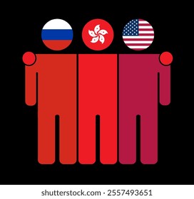 Flat illustration of three human figures with Russia, Hong Kong, and USA flags as heads. Minimalistic design, isolated background.