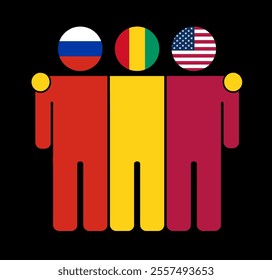 Flat illustration of three human figures with Russia, Guinea, and USA flags as heads. Minimalistic design, isolated background.