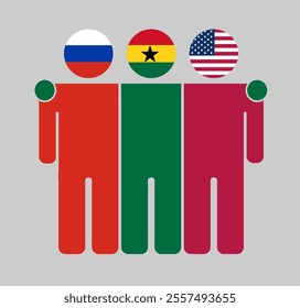 Flat illustration of three human figures with Russia, Ghana, and USA flags as heads. Minimalistic design, isolated background.