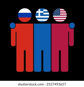 Flat illustration of three human figures with Russia, Greece, and USA flags as heads. Minimalistic design, isolated background.