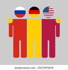 Flat illustration of three human figures with Russia, Germany, and USA flags as heads. Minimalistic design, isolated background.