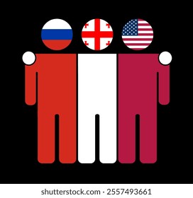 Flat illustration of three human figures with Russia, Georgia, and USA flags as heads. Minimalistic design, isolated background.