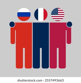 Flat illustration of three human figures with Russia, France, and USA flags as heads. Minimalistic design, isolated background.