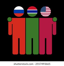 Flat illustration of three human figures with Russia, Gambia, and USA flags as heads. Minimalistic design, isolated background.