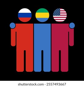 Flat illustration of three human figures with Russia, Gabon, and USA flags as heads. Minimalistic design, isolated background.