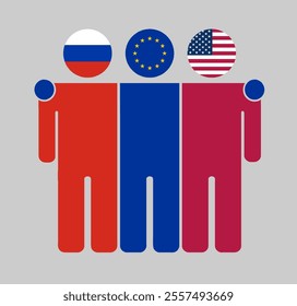 Flat illustration of three human figures with Russia, EU, and USA flags as heads. Minimalistic design, isolated background.