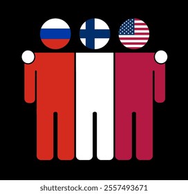 Flat illustration of three human figures with Russia, Finland, and USA flags as heads. Minimalistic design, isolated background.