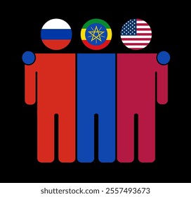 Flat illustration of three human figures with Russia, Ethiopia, and USA flags as heads. Minimalistic design, isolated background.