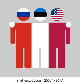 Flat illustration of three human figures with Russia, Estonia, and USA flags as heads. Minimalistic design, isolated background.