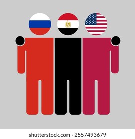 Flat illustration of three human figures with Russia, Egypt, and USA flags as heads. Minimalistic design, isolated background.