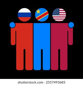 Flat illustration of three human figures with Russia, Democratic Republic of the Congo, and USA flags as heads. Minimalistic design, isolated background.