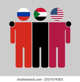 Flat illustration of three human figures with Russia, Sudan, and USA flags as heads. Minimalistic design, isolated background.