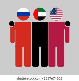 Flat illustration of three human figures with Russia, UAE, and USA flags as heads. Minimalistic design, isolated background.