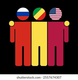 Flat illustration of three human figures with Russia, Republic of the Congo, and USA flags as heads. Minimalistic design, isolated background.