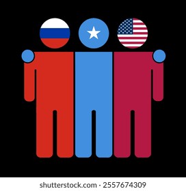 Flat illustration of three human figures with Russia, Somalia, and USA flags as heads. Minimalistic design, isolated background.