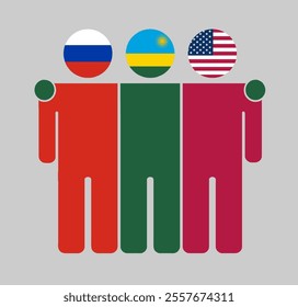 Flat illustration of three human figures with Russia, Rwanda, and USA flags as heads. Minimalistic design, isolated background.