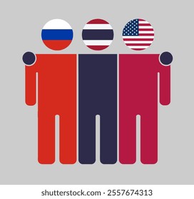 Flat illustration of three human figures with Russia, Thailand, and USA flags as heads. Minimalistic design, isolated background.