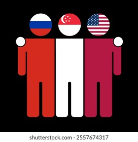 Flat illustration of three human figures with Russia, Singapore, and USA flags as heads. Minimalistic design, isolated background.