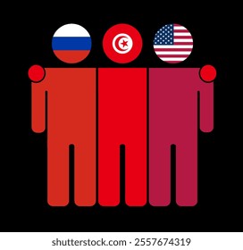 Flat illustration of three human figures with Russia, Tunisia, and USA flags as heads. Minimalistic design, isolated background.