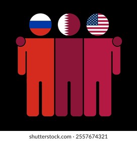 Flat illustration of three human figures with Russia, Qatar, and USA flags as heads. Minimalistic design, isolated background.