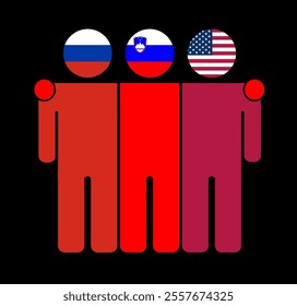 Flat illustration of three human figures with Russia, Slovenia, and USA flags as heads. Minimalistic design, isolated background.