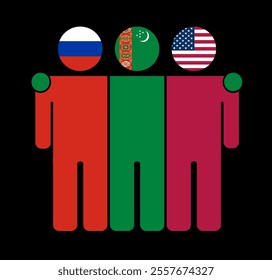 Flat illustration of three human figures with Russia, Turkmenistan, and USA flags as heads. Minimalistic design, isolated background.