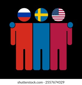 Flat illustration of three human figures with Russia, Sweden, and USA flags as heads. Minimalistic design, isolated background.