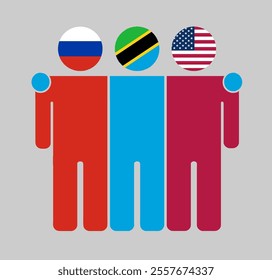 Flat illustration of three human figures with Russia, Tanzania, and USA flags as heads. Minimalistic design, isolated background.