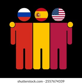 Flat illustration of three human figures with Russia, Spain, and USA flags as heads. Minimalistic design, isolated background.